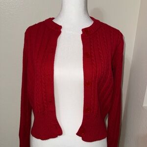 Red Cable-Knit Crewneck Cardigan Sweater - Women